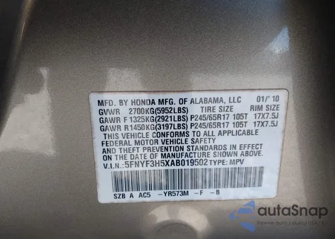 2010 Honda Pilot Ex-L z USA, uszkodzony, nr VIN 5FNYF3H5XAB019502